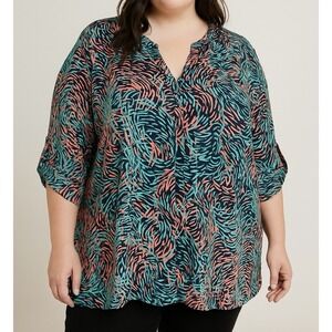 Catherines Colorful Swirl Button Up 3/4 Sleeve Y Neck Blouse Size‎ 4X